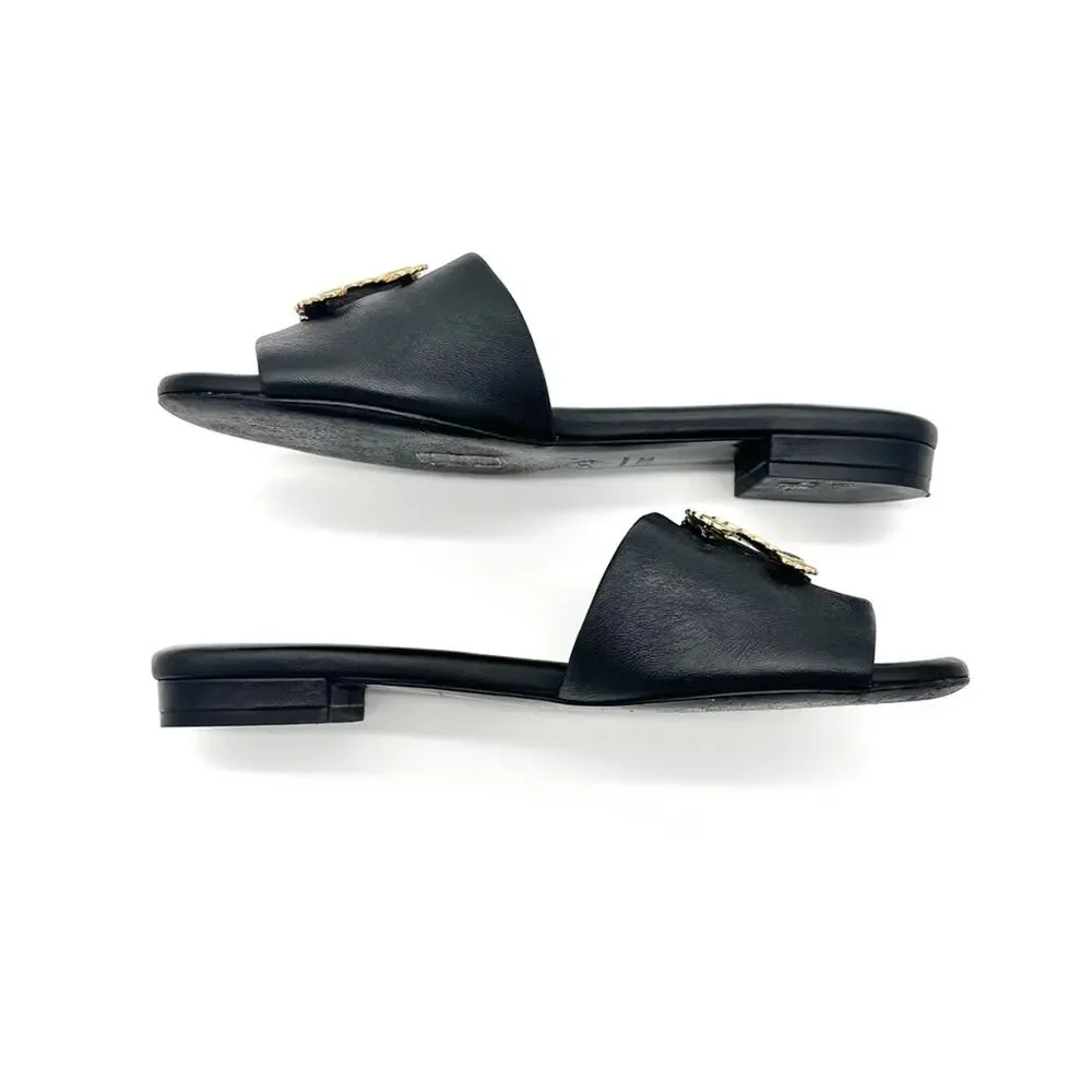 Chanel CC Logo Lambskin Black Leather Slip On Slides Mules 37.5
